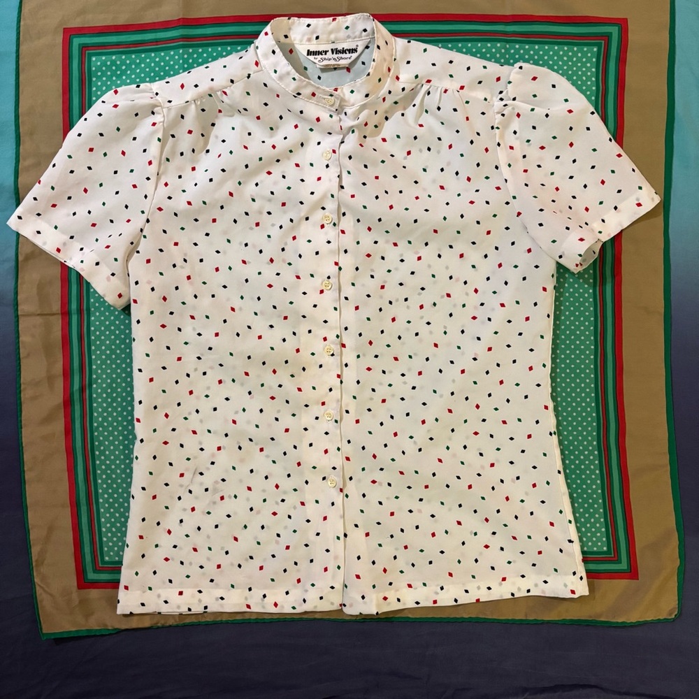 vintage ship’n shore white button up blouse w/ diamond confetti party print 🔸♦️🔷 - Picture 5 of 15